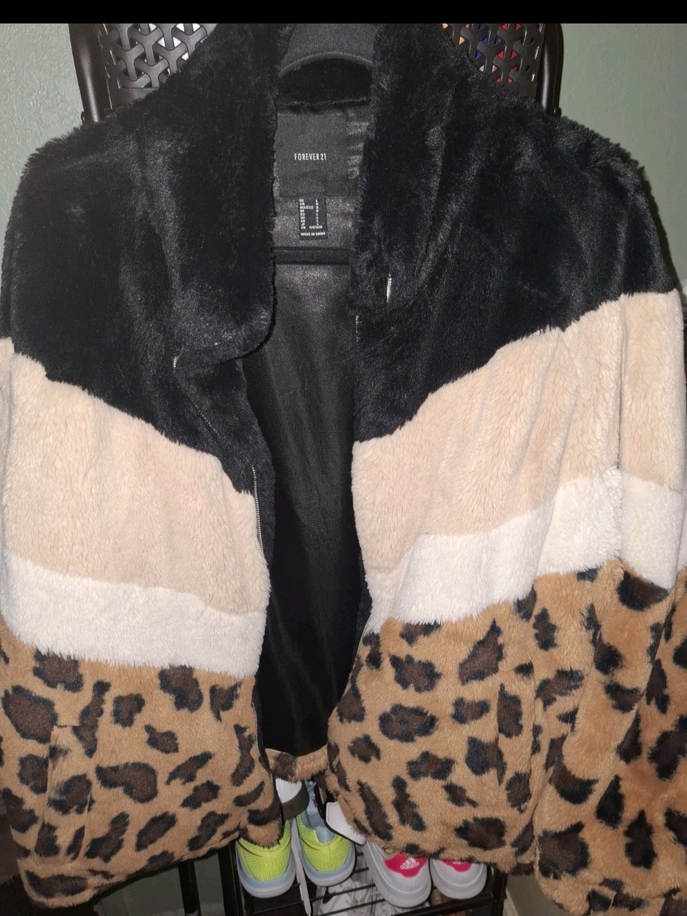 Forever 21 Black, Cream & Leopard Faux Fur Teddy Jacket